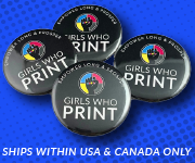 Girls who Print Button, women in print, women in print organization, girls who print organization